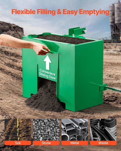 VEVOR Ballast Box, 3-Point Category 1 Tractor Ballast of 800 lbs Capacity, with Standard 2 Inch Hitch Receiver, Heavy-Duty Steel 3.2 ft³ Large Volume Durable Loader Attachment with Sliding Door, Green