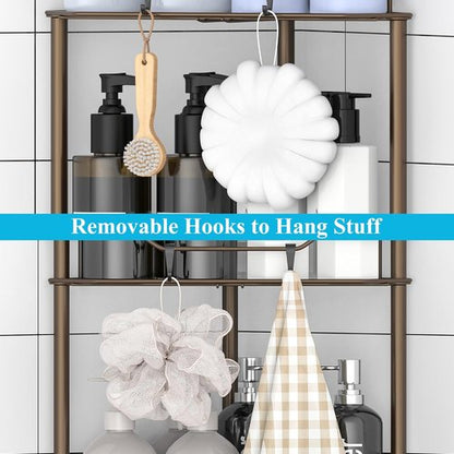 HuggieGems 4-Tier Floor Standing Corner Shower Caddy Organizer - Bronze Bathroom Shelf with Hooks
