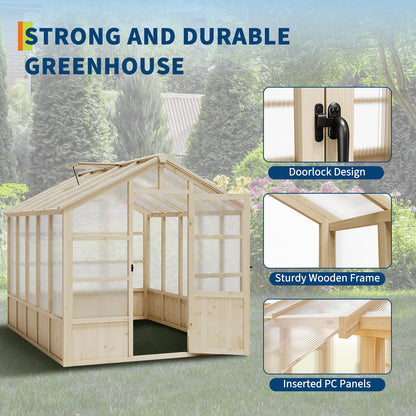 10x8FT Greenhouses for Outdoors, Wooden Greenhouse with Lockable Door, Wood Frame & Adjustable Vent, Polycarbonate Panel Heavy Duty Greenhouse for Outside, Garden, Yard, Light Brown