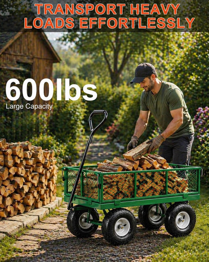 A A IN 600 lbs Heavy Duty Metal Garden Cart, Pull able Yard Wagon with Removable Mesh Sides, 180° Rotating Handle & 10" Wheels, Green