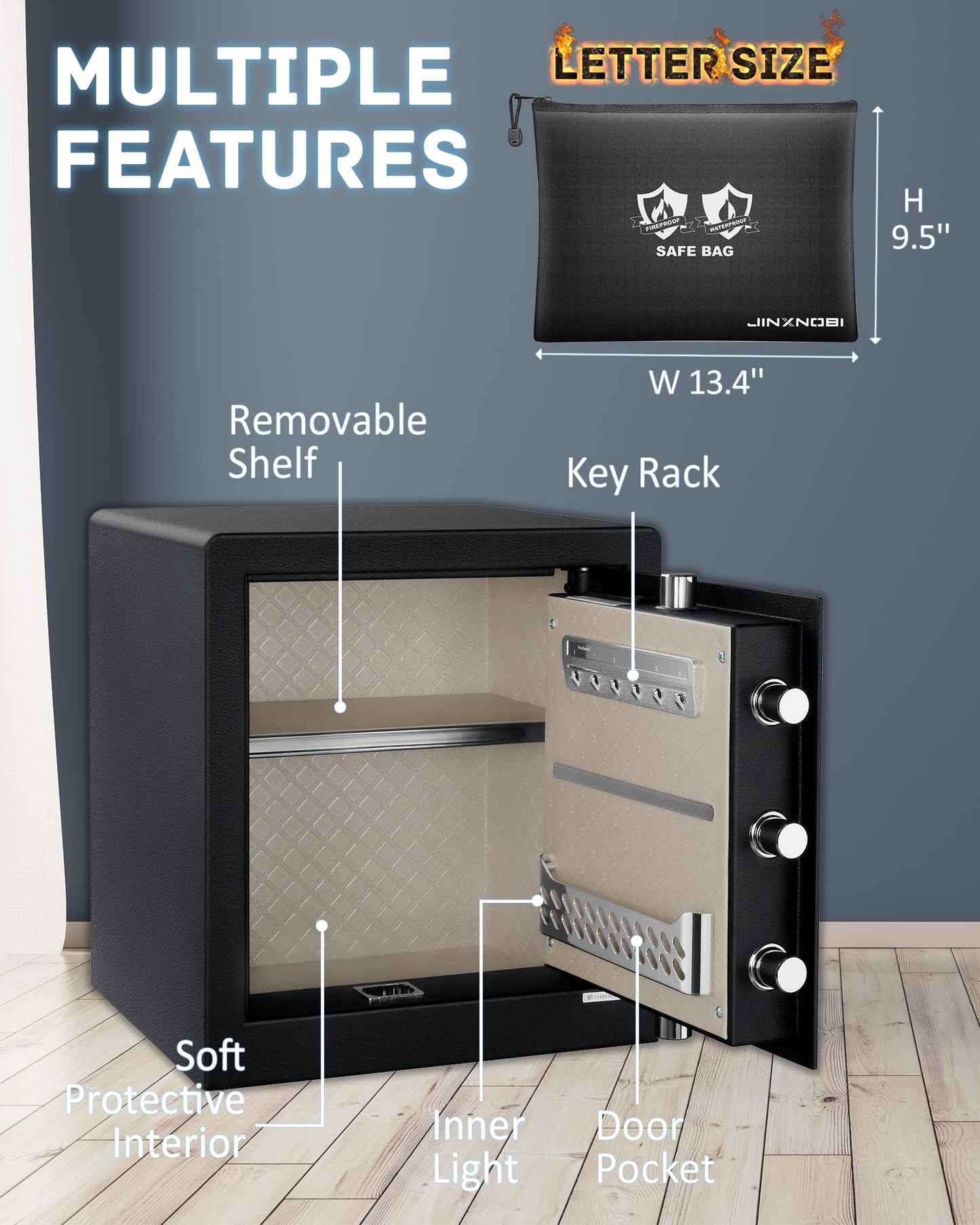 JINXNOBI 2.2 cubic feet Safe Box with fire and waterproof bag,Security home safe cabinet,Digital lock box with Keypad for home,office and hotel to secure documents,pistols