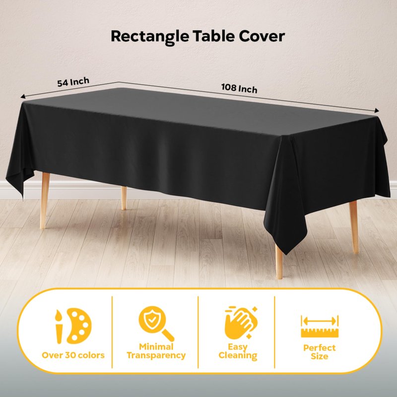 Exquisite 12-Pack Plastic Tablecloth 54x108 Rectangle Value Pack Plastic Table Cover - Black