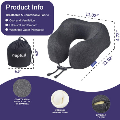 napfun Travel Pillow, Travel Accessories & Travel Essentials for Airplane Upgraded 100% Pure Memory Foam Travel Neck Pillow for Flight Headrest Sleep, Portable Plane Necessities, Full Black