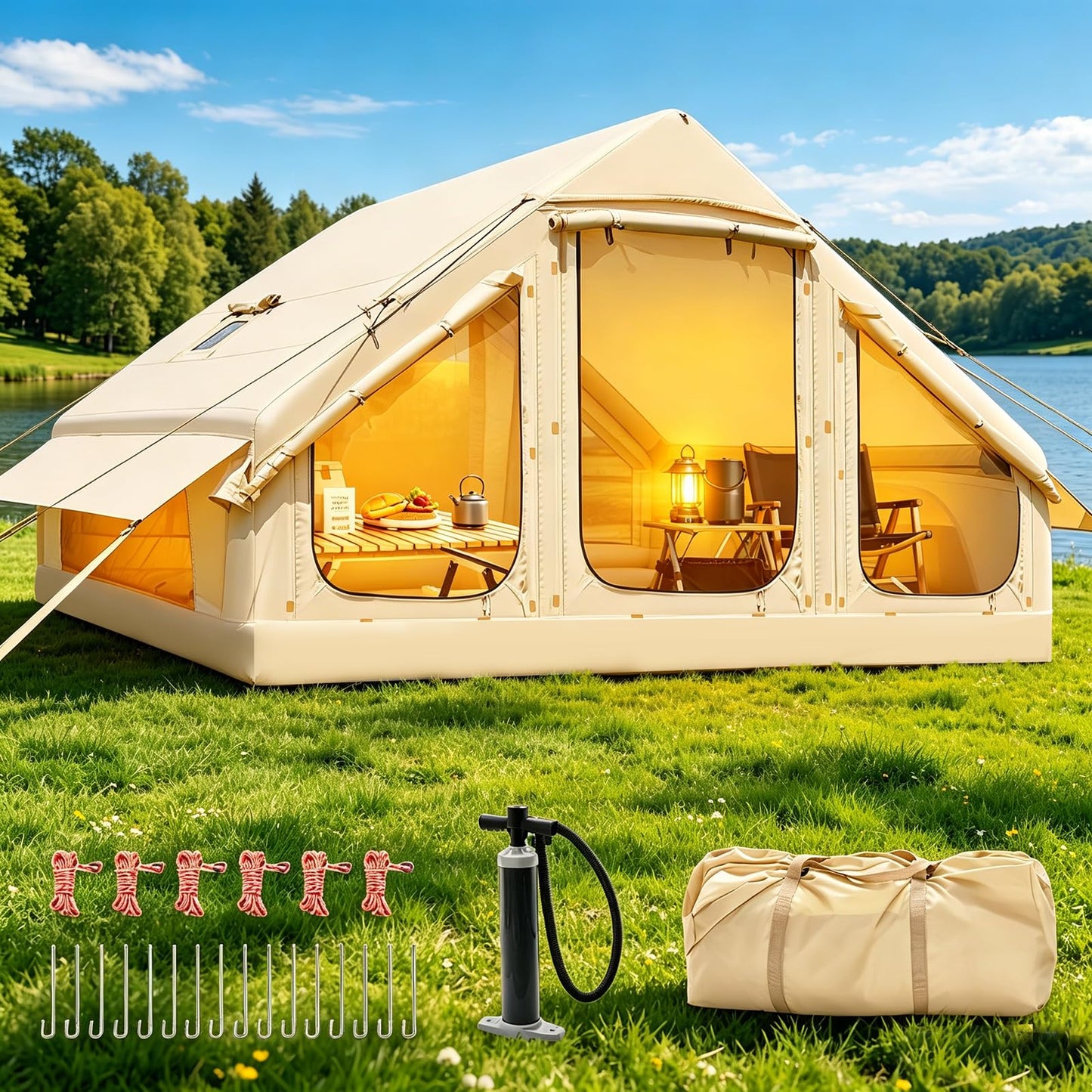 Inflatable Tents for Camping, Blow Up Tent with Hand Pump, Easy Setup Inflatable Hot Tent with Stove Jack, Waterproof Oxford Air Glamping Tents for Camping Adult 4 Person Upgrade Version