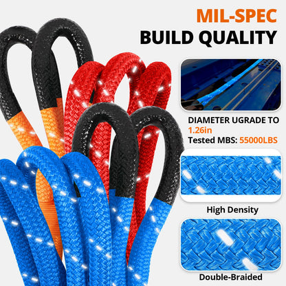 Kinetic Recovery Tow Rope - 1.26" x30FT 55000LBS Reflective Heavy Duty Snatch Strap Kit with Soft Shackles for Offroad Pulling Truck SUV UTV ATV Car Jeep - Blue