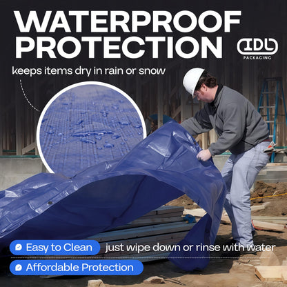 Blue Tarps Waterproof 8'x10', Pack of 8 - USA-Made 3.5 mil Thick Camping Tarp for Car, Boat & Storage Cover - Heavy-Duty Poly Tarpaulin with Grommets for Indoor and Outdoor Protection by IDL Packaging