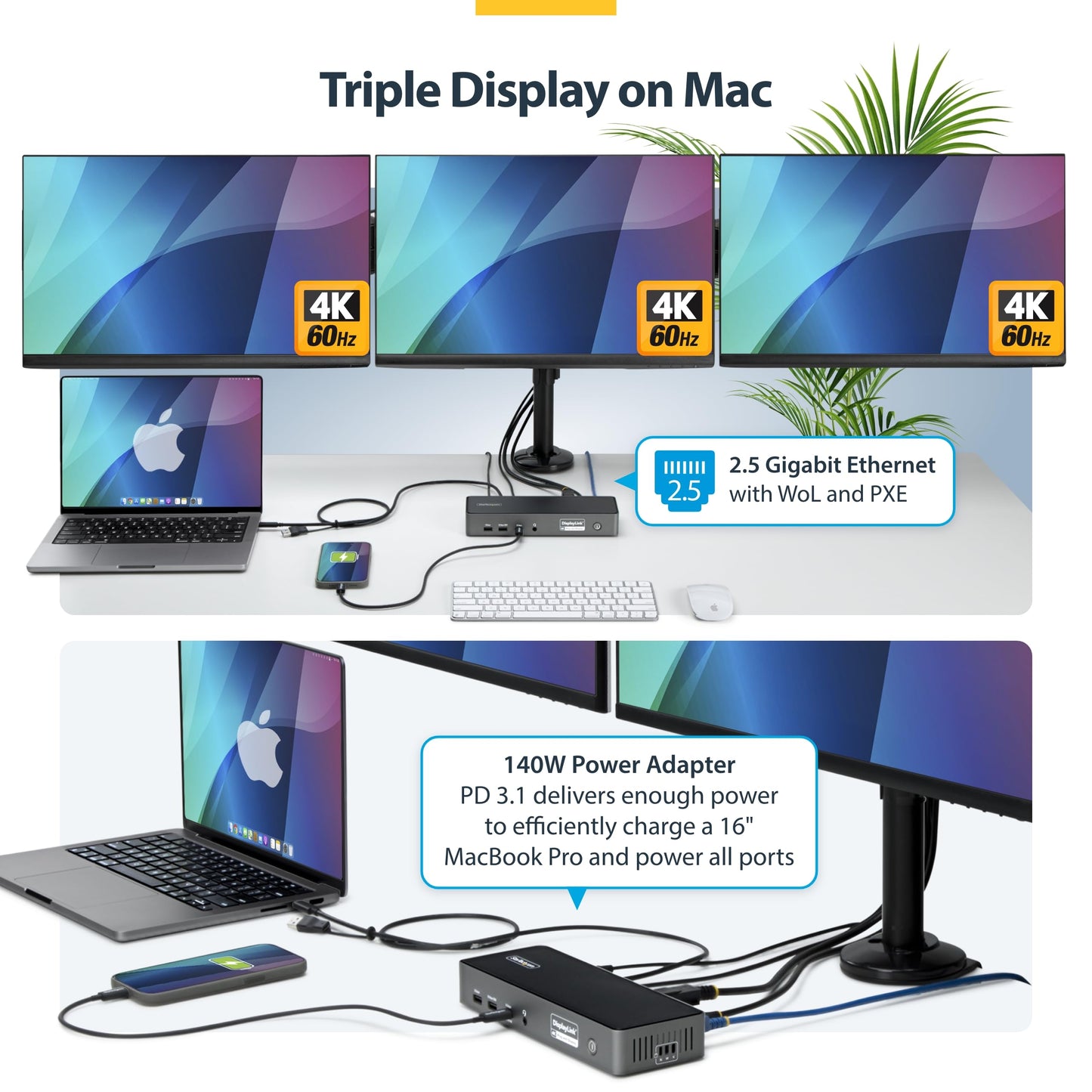 StarTech Triple Monitor USB-C Docking Station, 4K 60Hz DisplayLink Dock for MacBook M1 M2 M3 M4 & Windows, 2.5GbE, 2X HDMI & 2X DP, 140W Laptop Charging, USB-C DP Alt Mode - TAA
