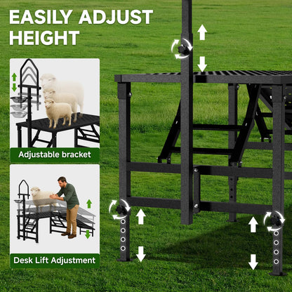 Professional Goat Milking Stand with Ramp, 600LBS Heavy Duty Foldable Livestock Trimming Platform, Metal Grooming Stand with Adjustable Headpiece & Stainless Steel Feeder for Nubian & Dwarf Goats