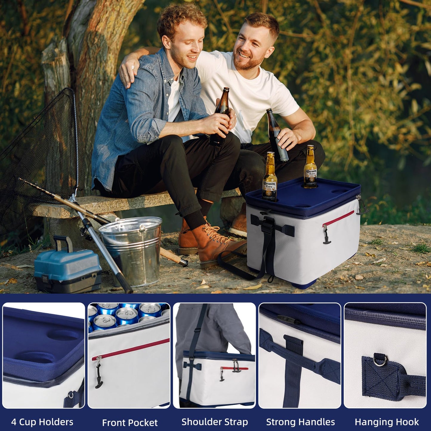 ADDIMOR 42 Can Collapsible Cooler Box, Versatile Insulated Leakproof Cooler Bag with Lids and 4 Cup Holder, Large Ice Chest for Beach Travel, Camping, Picnic