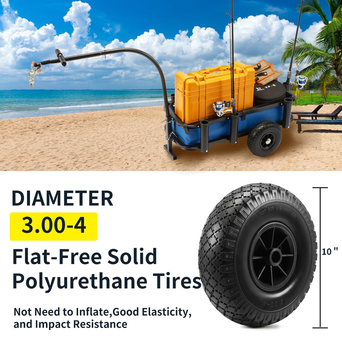 ONECHOI Beach Fishing Cart, w/10 Big Wheels Black PU Solid Balloon Tires for Sand, Fishing Wagon Cart Large Capacity with 32-1/4" L x 16" W Liner and PP Plate, Heavy Duty Surf Cart w/Bicycle Hitch