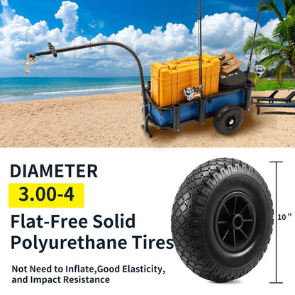 ONECHOI Beach Fishing Cart, w/10 Big Wheels Black PU Solid Balloon Tires for Sand, Fishing Wagon Cart Large Capacity with 32-1/4" L x 16" W Liner and PP Plate, Heavy Duty Surf Cart w/Bicycle Hitch