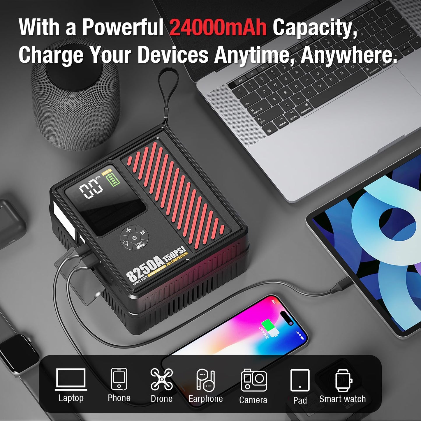 JFEGWO 8250A Jump Starter with 150PSI Air Compressor, 12V Car Battery Booster, 24000mAh Portable Tire Inflator for 12L Gas/10L Diesel, LED Display, LED Light, Storage Case, Jumper Cables Red