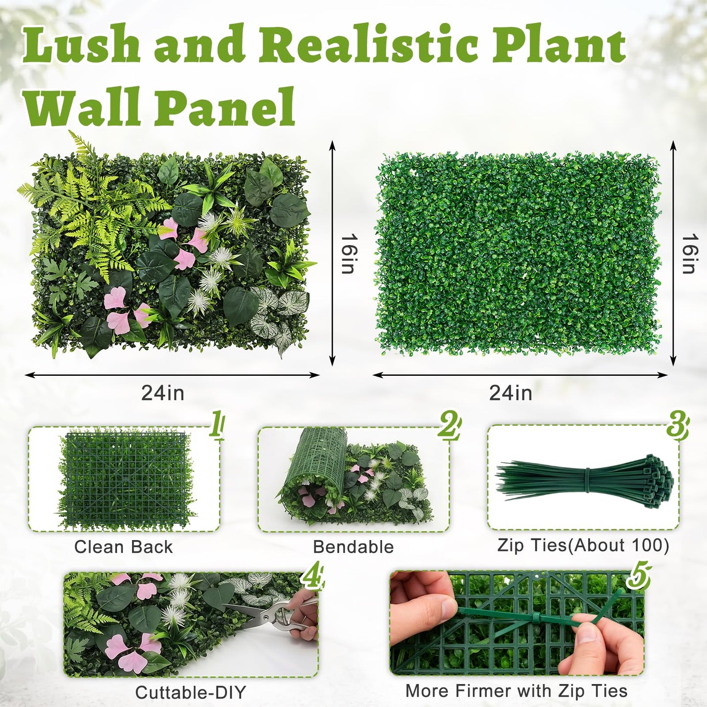 Artificial Grass Wall Panels 12pcs Boxwood Pink Bougainvillea Foliage Fern UV Protected Faux Greenery Hedge, Privacy Fence Screen, Grass Backdrop for Outdoor Indoor Garden Wall Decor 16'' x 24''