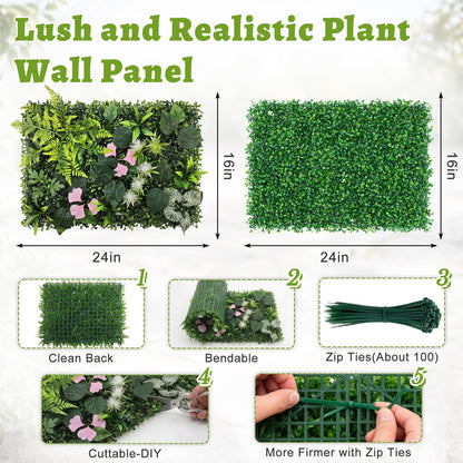 Artificial Grass Wall Panels 12pcs Boxwood Pink Bougainvillea Foliage Fern UV Protected Faux Greenery Hedge, Privacy Fence Screen, Grass Backdrop for Outdoor Indoor Garden Wall Decor 16'' x 24''