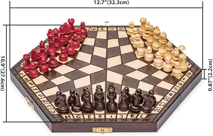 Husaria Wooden Three-Player Chess - 12 Inches - with Foldable Board Handcrafted Playing Pieces and Felt-Lined Storage