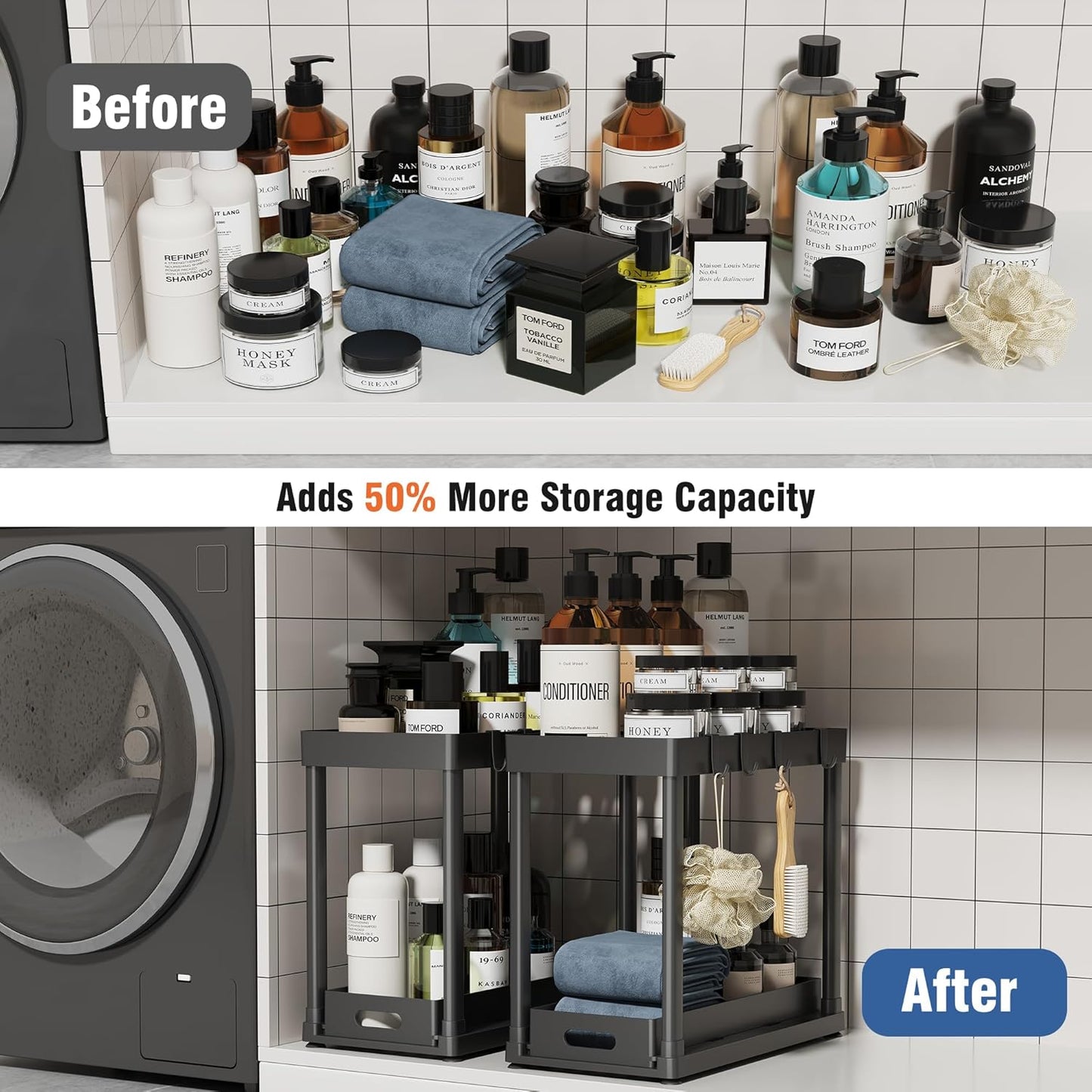 Skiennix Pull-Out Storage Organizers - Multi-Purpose Under Sink Bathroom & Kitchen Set | 2 Pack, Black