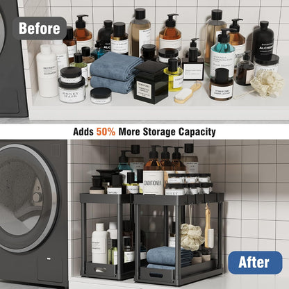 Skiennix Pull-Out Storage Organizers - Multi-Purpose Under Sink Bathroom & Kitchen Set | 2 Pack, Black