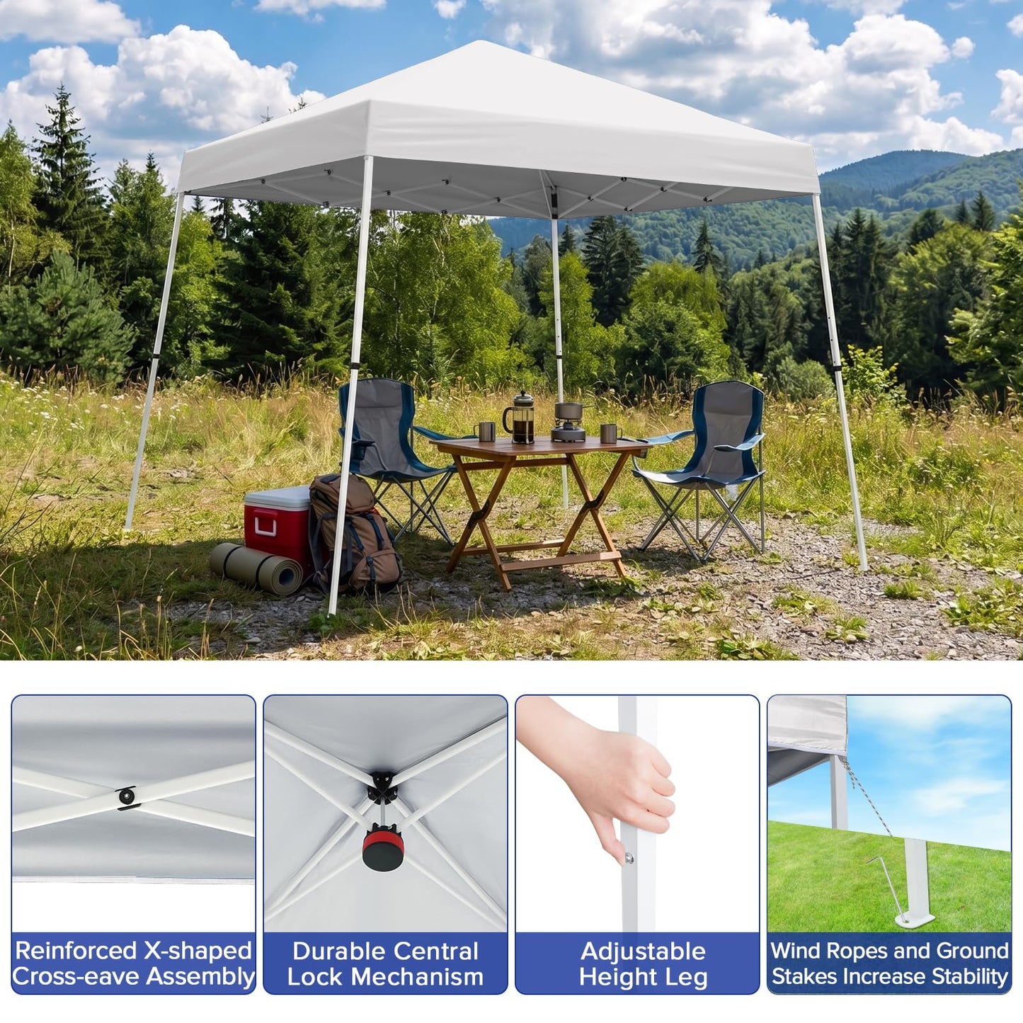 INTER HUT 10x10 Pop Up Canopy Tent with Carry Bag, Slant Leg Instant Shade Shelter for Outdoor Events, Camping, Sports, Parties, White