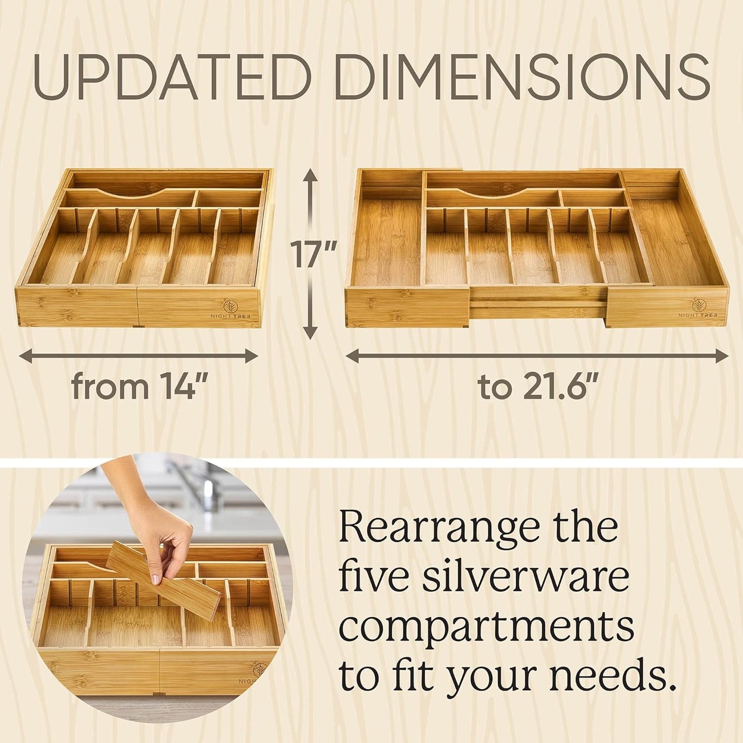 Night Tree Silverware Drawer Organizer - Extra Deep Bamboo Flatware Tray with Adjustable Dividers (14"-21.6" Wide)