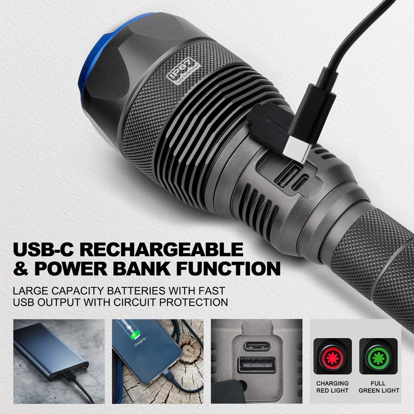 HAUTMEC Rechargeable Flashlights 12000 High Lumens Flashlight, 5 Light Modes Bright Flashlight, 2X Zoom, IP67 Waterproof & Impact-Resistant, and Power Bank, for Emergencies, Hunting, Camping, Hiking