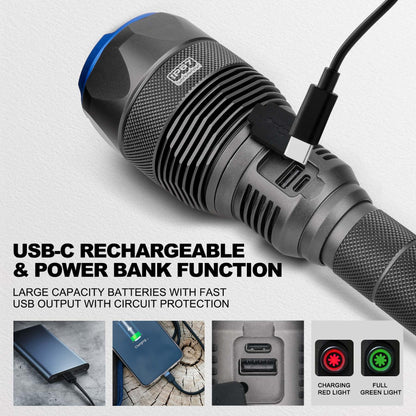 HAUTMEC Rechargeable Flashlights 12000 High Lumens Flashlight, 5 Light Modes Bright Flashlight, 2X Zoom, IP67 Waterproof & Impact-Resistant, and Power Bank, for Emergencies, Hunting, Camping, Hiking