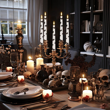AFINETH Halloween Taper Candles with Bats, 9.6”Real Wax Flameless Taper Candles with Remote & Timer, 3 Pack Battery Operated Halloween Led Candlesticks for Party Home Decor