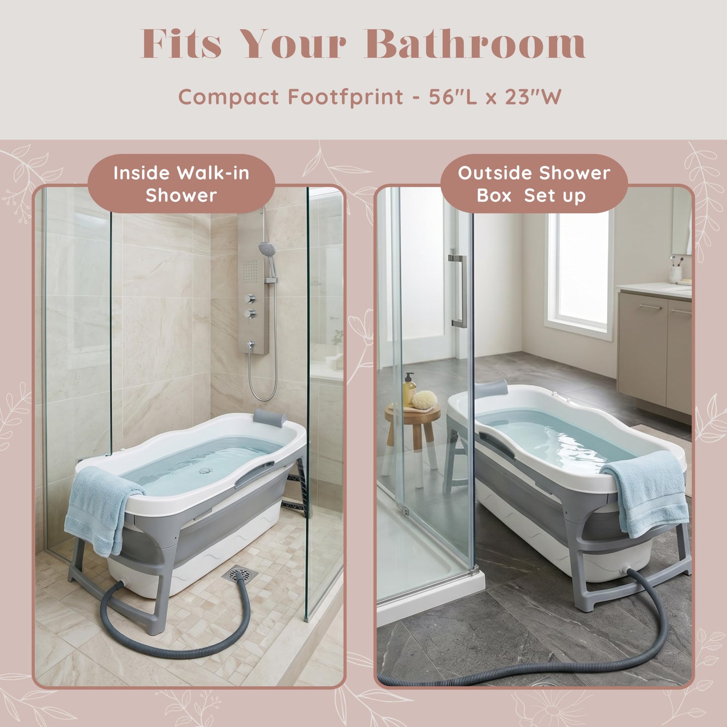 Portable Bathtub for Adult- Extra Large 56" Foldable Collapsible tub. Ergonomically Designed for the Ultimate Relaxing Soaking Bath, Ice Bath. Ideal for Small Spaces, Quick, Effortless Folding Bathtub