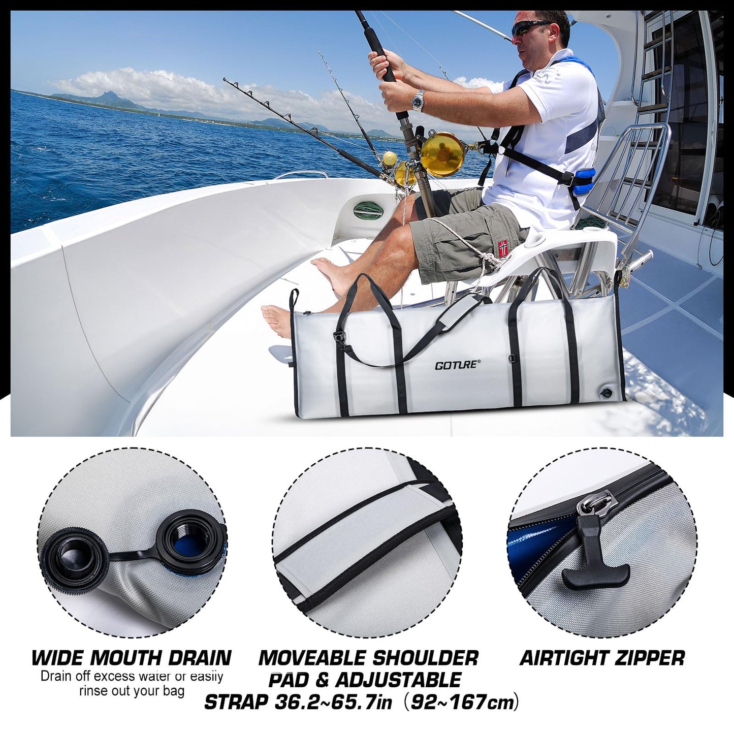 Goture Insulated Fish Cooler Bag, 840D TPU Leakproof Fish Kill Bag with Airtight Zipper, Large Waterproof Fishing Cooler Bag with Carry Handle, Drain Plug, Keep Ice Cold All Day, 59.8inx20in