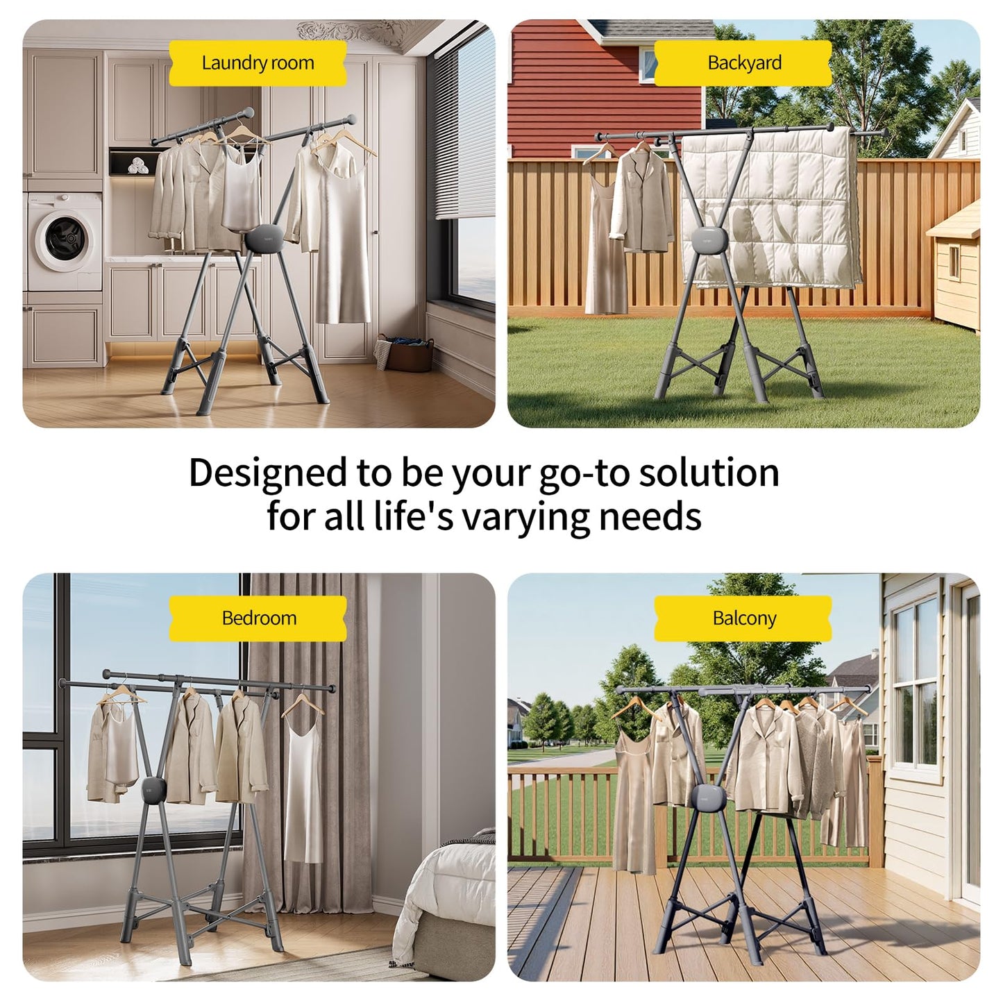 BIREN Clothes Drying Rack Heavy Duty Clothing Racks Foldable Laundry Rack Two Drying Modes Garment Racks for Drying Clothes, Adjustable Length from 32-55 Inches for Indoor Outdoor Use