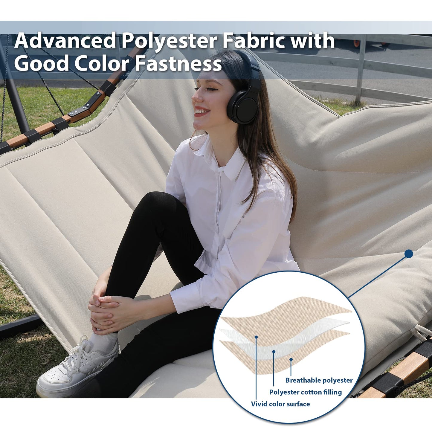 TegerDeger 12FT 2 Person Hammock with V Shaped Hardwood Spreader Bar & Nylon Rope for Outside, Patio, Garden, Backyard, Beach, Poolside, 450LB Capacity, 55in x 79in - Beige