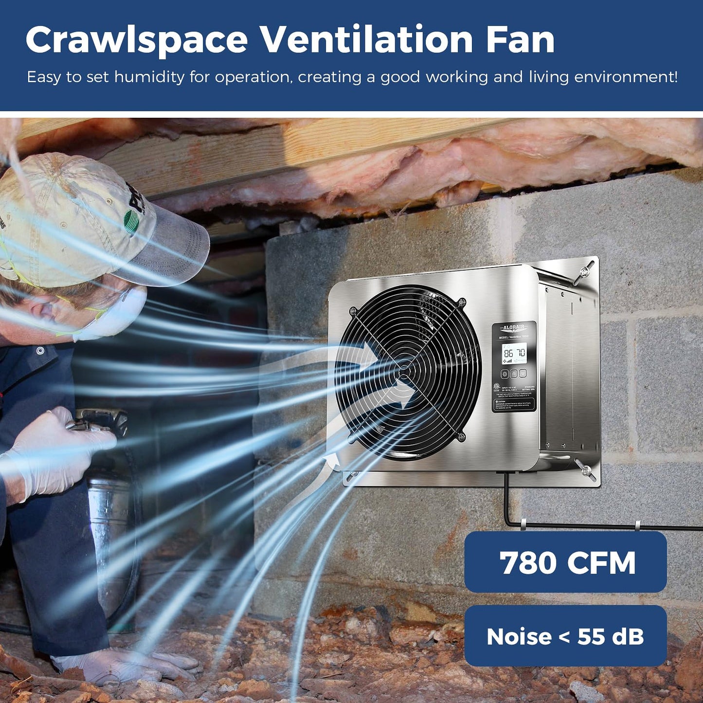 ALORAIR 780 CFM Crawlspace Ventilator Fan with Humidistat, Stainless Steel Exhaust Vent Fans with Digital Display, Timing Cycle, Freeze Protection Thermostat, for Basement, Garage, Attic, Grow Tent