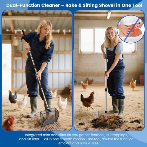 Chicken Poop Scooper - 2-in-1 Rake & Sifting Shovel with Adjustable Stainless Steel Handle (36"-62")