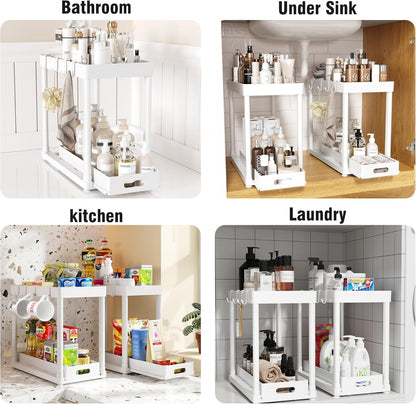 Skiennix Pull-Out Storage Organizers - Multi-Purpose Under Sink Solution for Bathroom & Kitchen | Black, 2 Pack