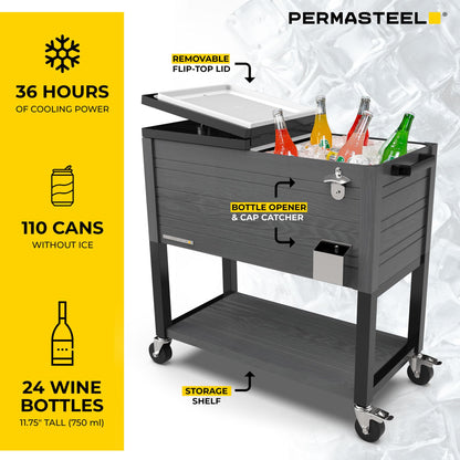 Permasteel Party Cooler with Divider, Spacious 80-Qt Capacity, Chills 36hrs, Rolling Ice Chest for Indoor and Outdoor Entertainment, Wood Grain Finish, Gray