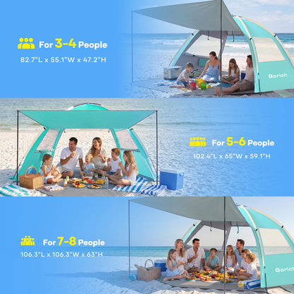 Gorich Beach Tent Sun Shelter with Canopy, Easy Setup UPF50+ UV Protection Sun Shade for 3-4/5-6/7-8 Person, Lightweight & Compact Beach Umbrella for Family Travel