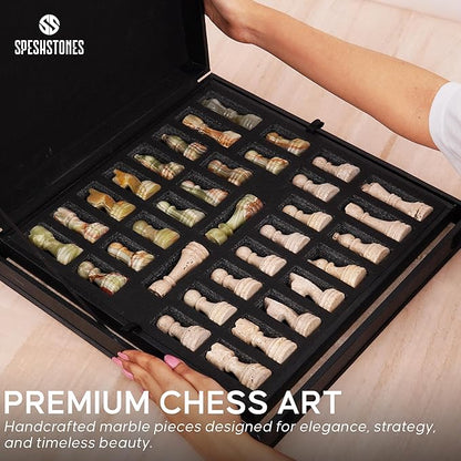 Marble Chess Set 15 Inch Handmade Travertine &amp Green Luxury Board Games for Adults Elegant Table top Board Game Travel Chess Pieces &amp Storage Box for Gifts &amp Home Decor