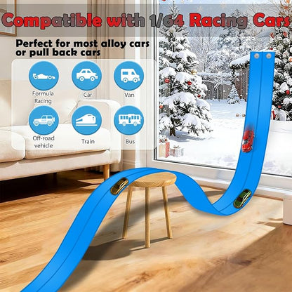 Flexible Race Track 15 Ft Starter Set Flex Tracks for Kids 3+ with Strong Suction Cups Flexible Car Race Ramp Track Compatible with Hot Wheels and Diecast 1/64 Cars Portable Rolls Up Race Tracks
