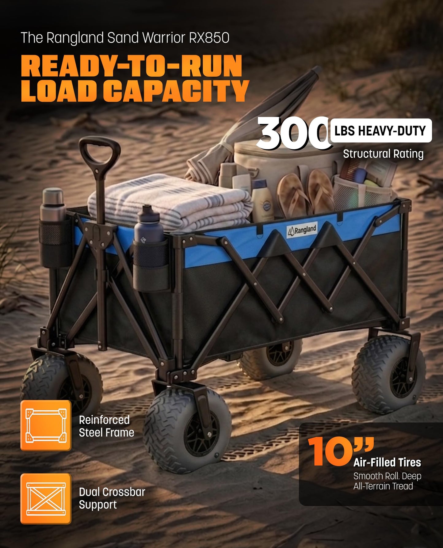 Beach Wagon with Heavy-Duty 10" Air Tires - All Terrain Folding Card with Big Wheels for Sand and Gravel - 300 LB. Capacity (Black/Light Blue)