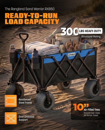 Beach Wagon with Heavy-Duty 10" Air Tires - All Terrain Folding Card with Big Wheels for Sand and Gravel - 300 LB. Capacity (Black/Light Blue)