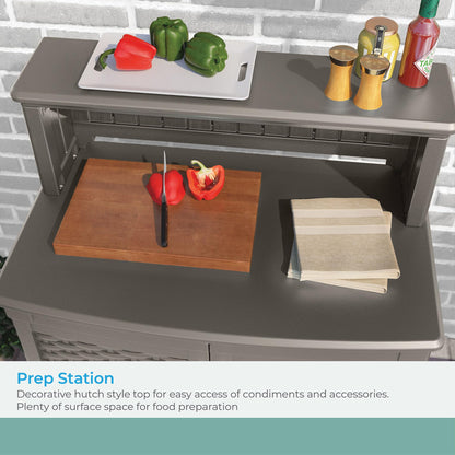 Suncast Patio Storage and Prep Station with 47-Gal. Cabinet, Adjustable Shelf, and Utensil Hooks, Outdoor Rolling Storage Cabinet and Grill Prep Table, Made in The USA