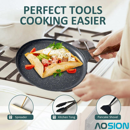AOSION Nonstick Crepe Pan 9.5 inch,Ceramic Crepe Pan,Dosa Tawa Pan, Ceramic Coated PFOA-Free, Ergonomic Handle, With Pancake Tools, Forged Aluminum Induction Safe