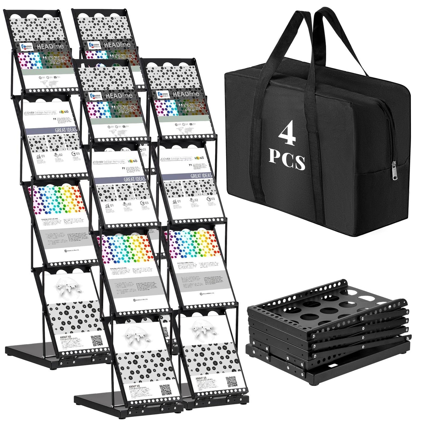Tatuo 4 Pieces Foldable Magazine Rack Metal Catalog Literature Rack Portable 4 Pockets with Carrying Bag Brochure Stand Literature Display Holder Stand for Exhibition Trade Show