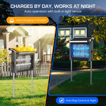 Solar Bug Zapper Outdoor Waterproof, 4500V High Power Cordless Mosquito Zapper with Smart Light Sensor, Dual Solar & USB Rechargeable Insect Killer for Patio, Garden, Backyard, Indoor & Outdoor Use