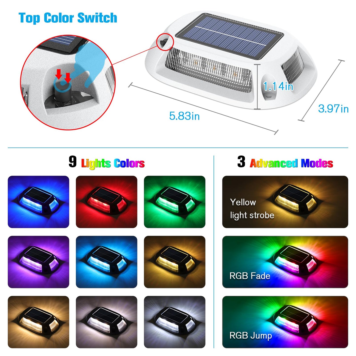 VOLISUN Solar Driveway Lights Dock Deck Lights 12 Pack,9 Colors in 1 Led IP67 Waterproof Outdoor Warning Step Lights for Driveway Sidewalk Pathway RGB