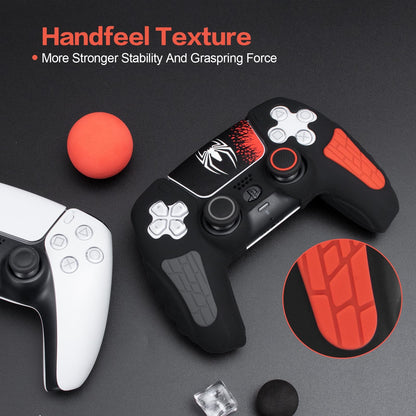 ECHZOVE PS5 Controller Cover Case - Anti-Slip Silicone Skin for PS5 DualSense Controller with Thumb Grip Caps, Joystick Protectors, Spider-Man Theme Sticker - Black
