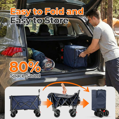 Aimnny 55" Collapsible Wagon with Tailgate & Brakes - 500LBS Heavy Duty Multi-Terrain Cart, 300L Foldable Utility Wagon with Cup Holders & Side Pockets for Beach Sand Camping Sports Shopping (Blue)