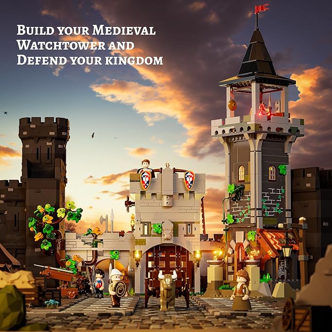 FUNWHOLE Medieval Watchtower Lighting Building-Bricks Set - Guardiance Castle with Soldier Farmer Minifigures Collectible Display Set 1625 Pcs for Adults and Teen