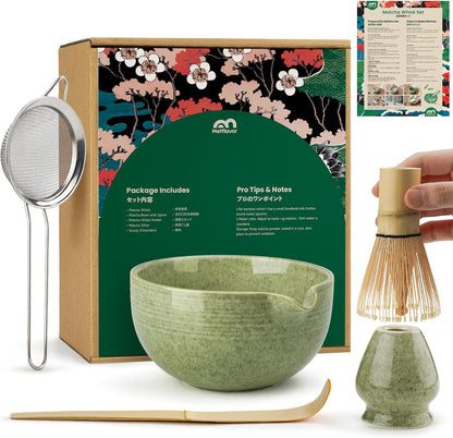 Skiennix Matcha Whisk Set - Complete 5-Piece Kit with Ceramic Bowl, Bamboo Chasen & Sifter for Matcha Lovers