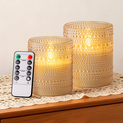 Velsyn Dotted Glass Flameless Candles with Remote Timer, Real Wax Battery Operated LED Pillar Candles with 3D Flickering Flame for Festival Wedding Home Party Decor, 3" x 4", 4" x 5", Set of 2 (Gold)