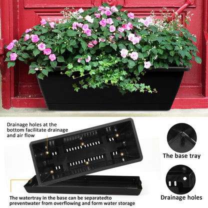 8pcs Window Box Planter,17 Inches Flower Window Boxes,Rectangle Planters Box with Drainage Holes and Trays, Plastic Vegetable Planters for Windowsill Patio Garden Home Decor Porch Yard (Black)